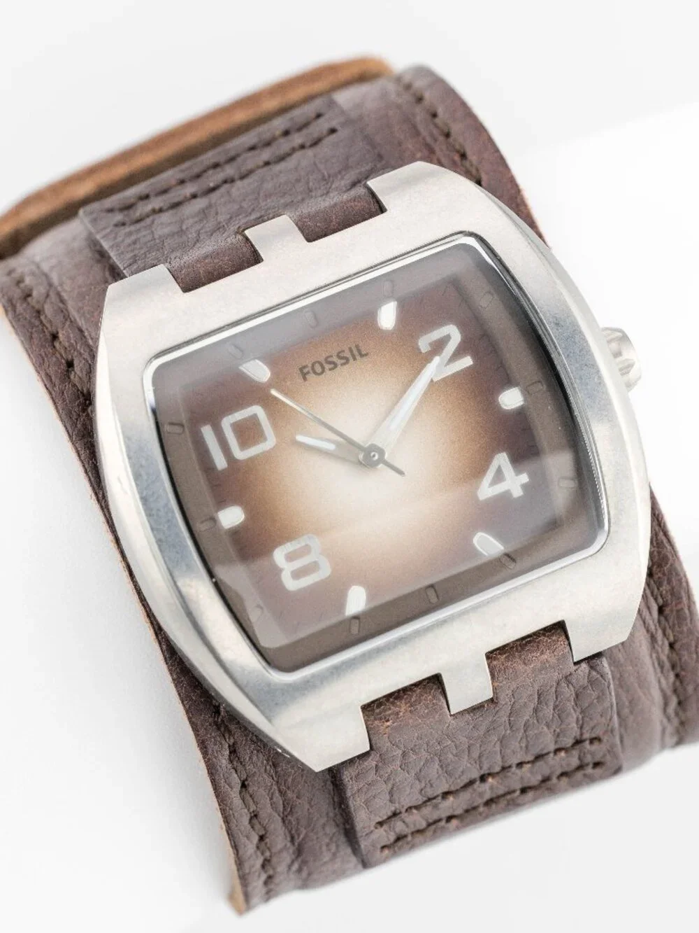 FOSSIL JR-1052 Brown Leather Cuff Quartz Analog Men's Watch Fresh Battery